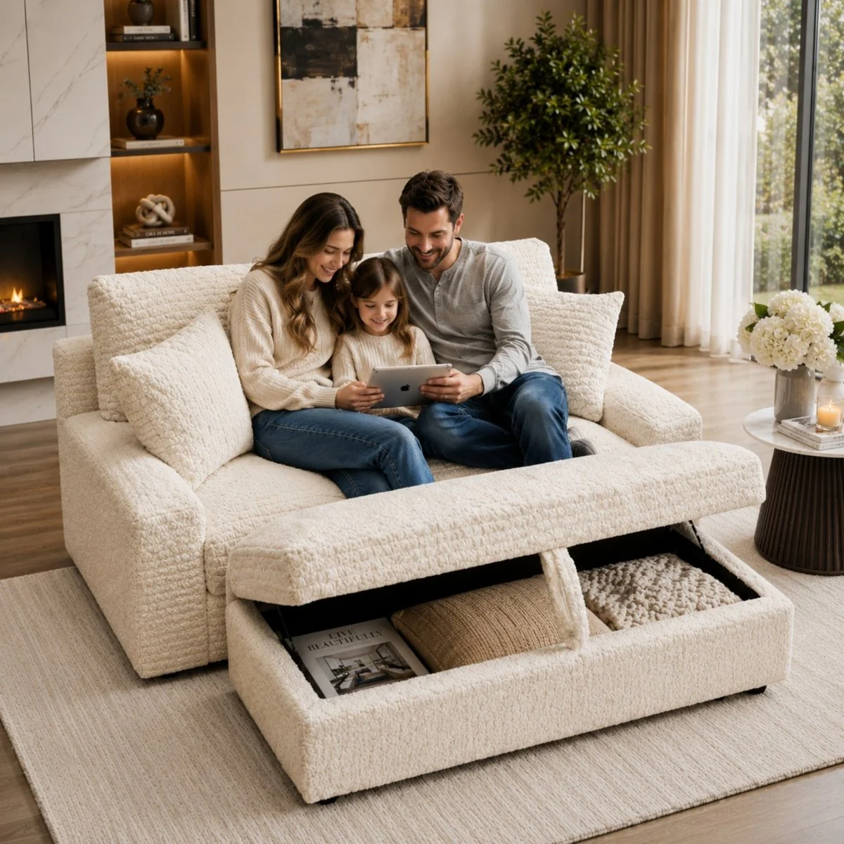 Family Lounger | Cloud-Bouclé Loveseat & Storage Ottoman - Image 4