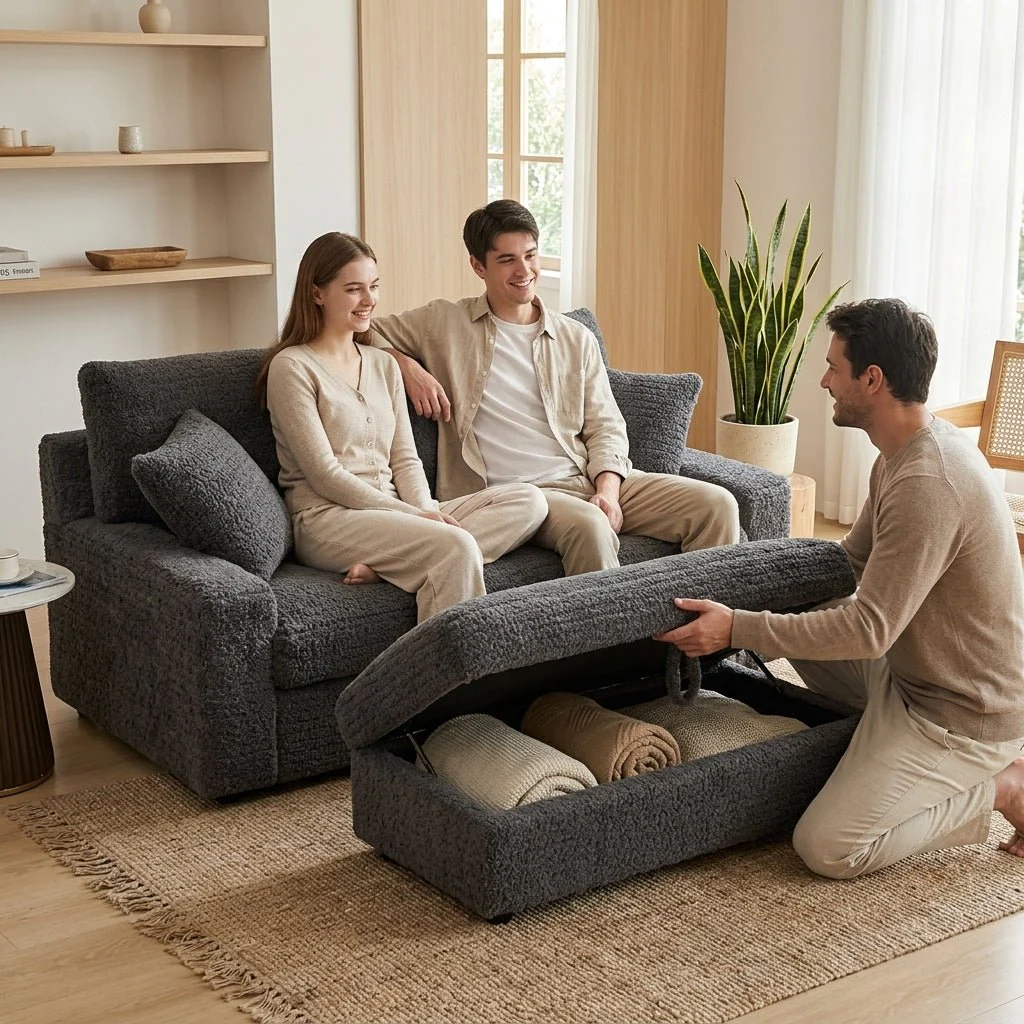Family Lounger | Cloud-Bouclé Loveseat & Storage Ottoman - Image 9