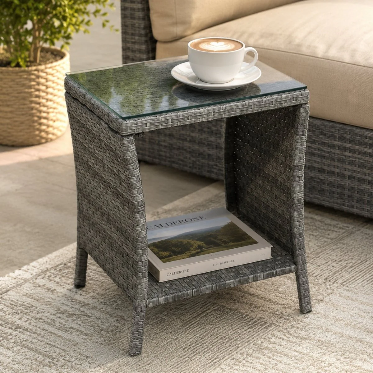 Oasis Table | All-Weather Grey Woven Outdoor Side Table with Glass Top - Image 2