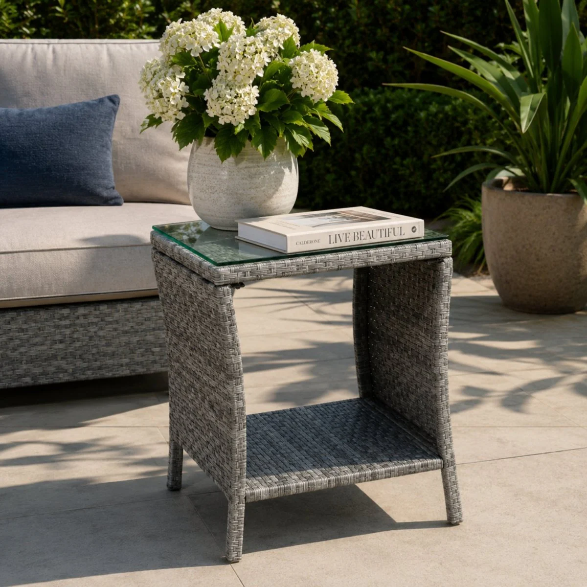 Oasis Table | All-Weather Grey Woven Outdoor Side Table with Glass Top - Image 5